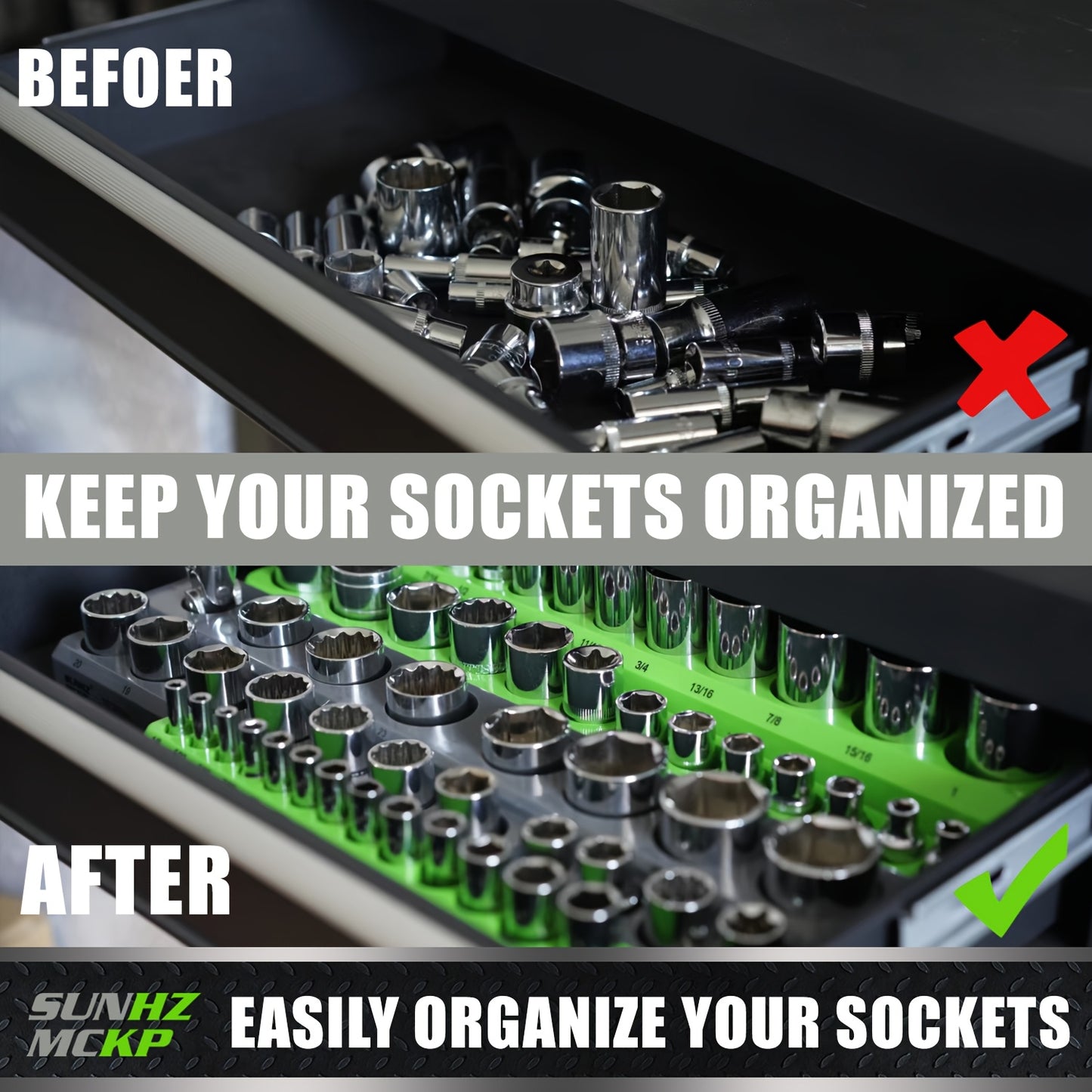 [Magnetic Socket Organizer Set] 6pcs SUNHZMCKP Magnetic Socket Organizer Set | 1/4", 3/8", 1/2" Metric & SAE Socket Holders for Tool Box Drawer, Holds 143pcs Standard And Deep Size Sockets, Fine Father's Day Gifts
