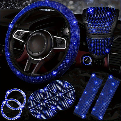 Set of 8 Sparkly Car Additions for Women, Including a Glittery Steering Wheel Cover, Shiny Car Coasters, Belt Shoulder Pads, Ring Emblem Sticker, And Gear Shift Cover