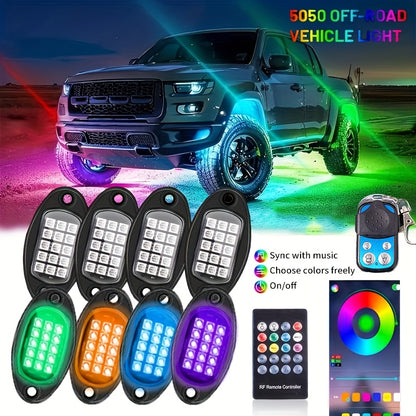 [LED Rock Lights] 8pcs And 4pcs - 15 LED/8 Pods Metal Alloy Upgraded LED Rock Lights, Suitable for Trucks, RGB LED Rock Lights with APP/Music Mode, Suitable for Jeeps, Trucks, UTVs, SUVs And Golf Carts, Neon Light Chassis Kits for Backlights, Car Accessor