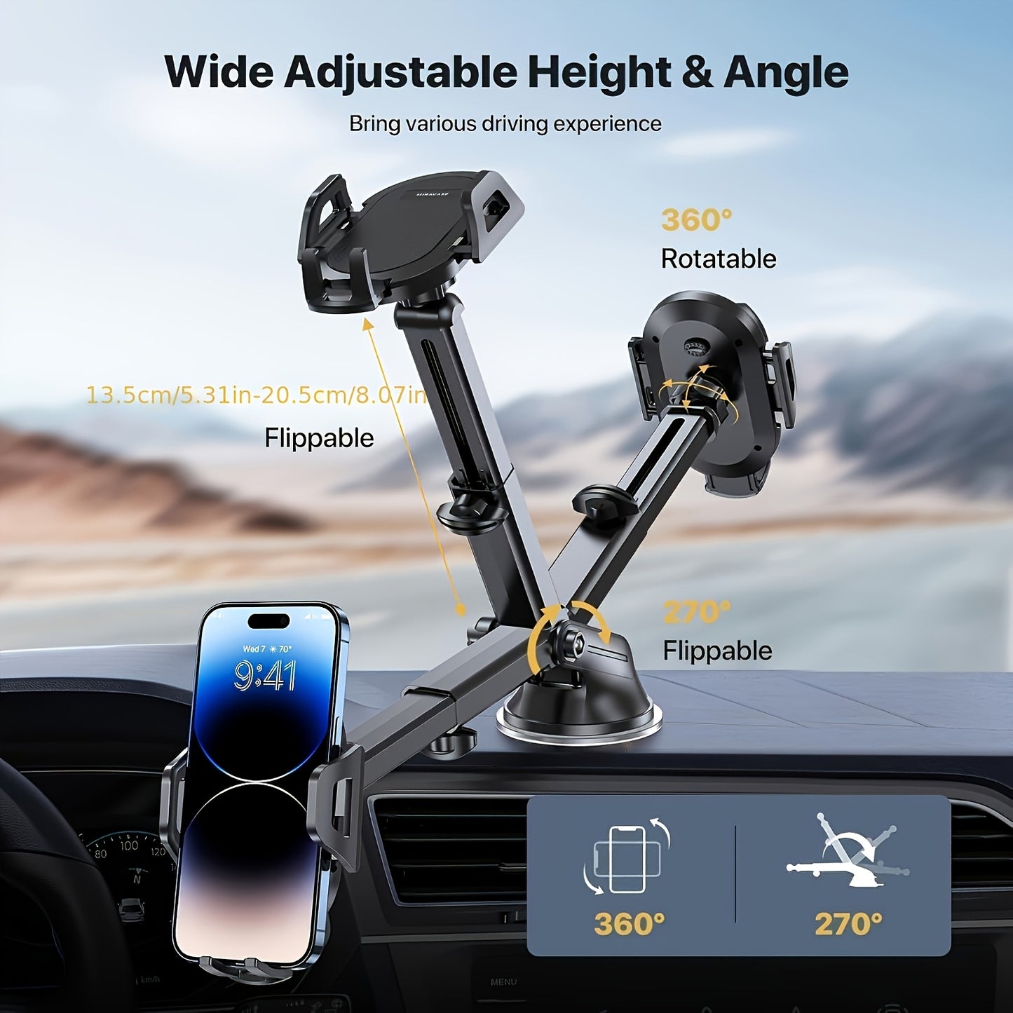 Miracase 3-in-1 Car Phone Mount - Super Suction Dashboard & Air Vent Holder With Telescopic Arm, Adjustable Cradle For All Phones, Quick Release, Durable Metal Hooks, Holiday Gift, Black.