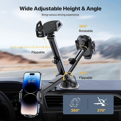 Miracase 3-in-1 Car Phone Mount - Super Suction Dashboard & Air Vent Holder With Telescopic Arm, Adjustable Cradle For All Phones, Quick Release, Durable Metal Hooks, Holiday Gift, Black.