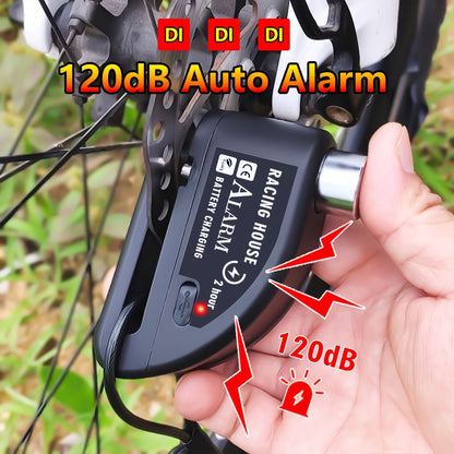 Motorbike Security Lock with a Disc Brake Mechanism, Featuring a 120Db Alarm System, a 500Mah Rechargeable Battery, And Includes a USB Charging Cable And Reminder Rope
