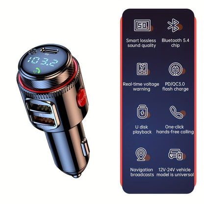 48W Car FM Transmitter 5.4 Adapter with Type-C PD30W And Qc3.0 USB Charger - Hi-Fi MP3 Player, Hands-Free Calls, LED Lights Father'S Day Gift for Mom Dad, Without Battery