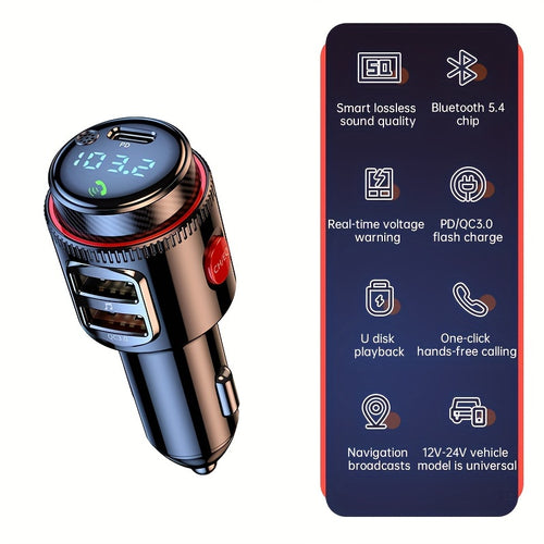48W Car FM Transmitter 5.4 Adapter with Type-C PD30W And Qc3.0 USB Charger - Hi-Fi MP3 Player, Hands-Free Calls, LED Lights Father'S Day Gift for Mom Dad, Without Battery