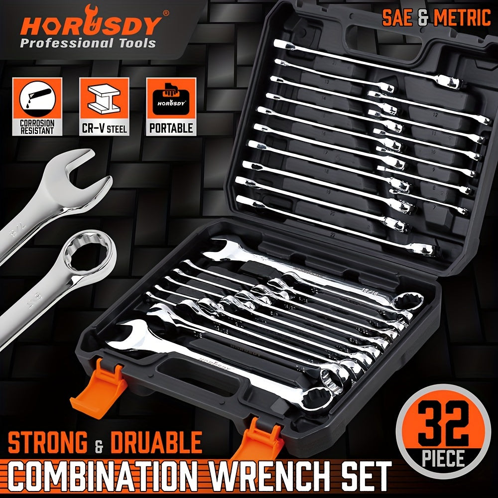 32pcs Combination Wrenches Featuring Both Box And Open Ends, Suitable for Standard Sizes in SAE And Metric Ranging from 1/4" to 1" And 7Mm to 22Mm, Made from Chrome Vanadium Steel And Comes with a Case