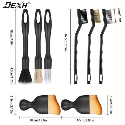 Set of 8 Car Detailing Brushes, Including Tools for Cleaning The Interior, Wheels, Air Vents, And Engine Areas, Featuring 3 Detailing Brushes, 3 Wire Brushes, And 2 Soft Brushes