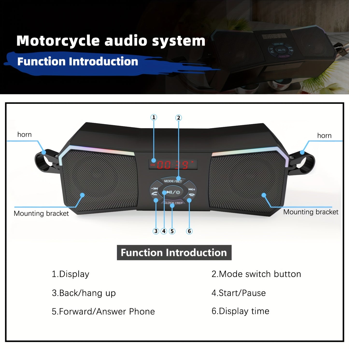 Korbros Handlebar Mount Stereo Wireless Motorcycle Speakers, MP3 Music Player Audio Amplifier, AUX-in, USB, FM Radio, 12V, Room Electrical/Hard Wiring, Button Control, Off-road-motorcycles, Without Battery