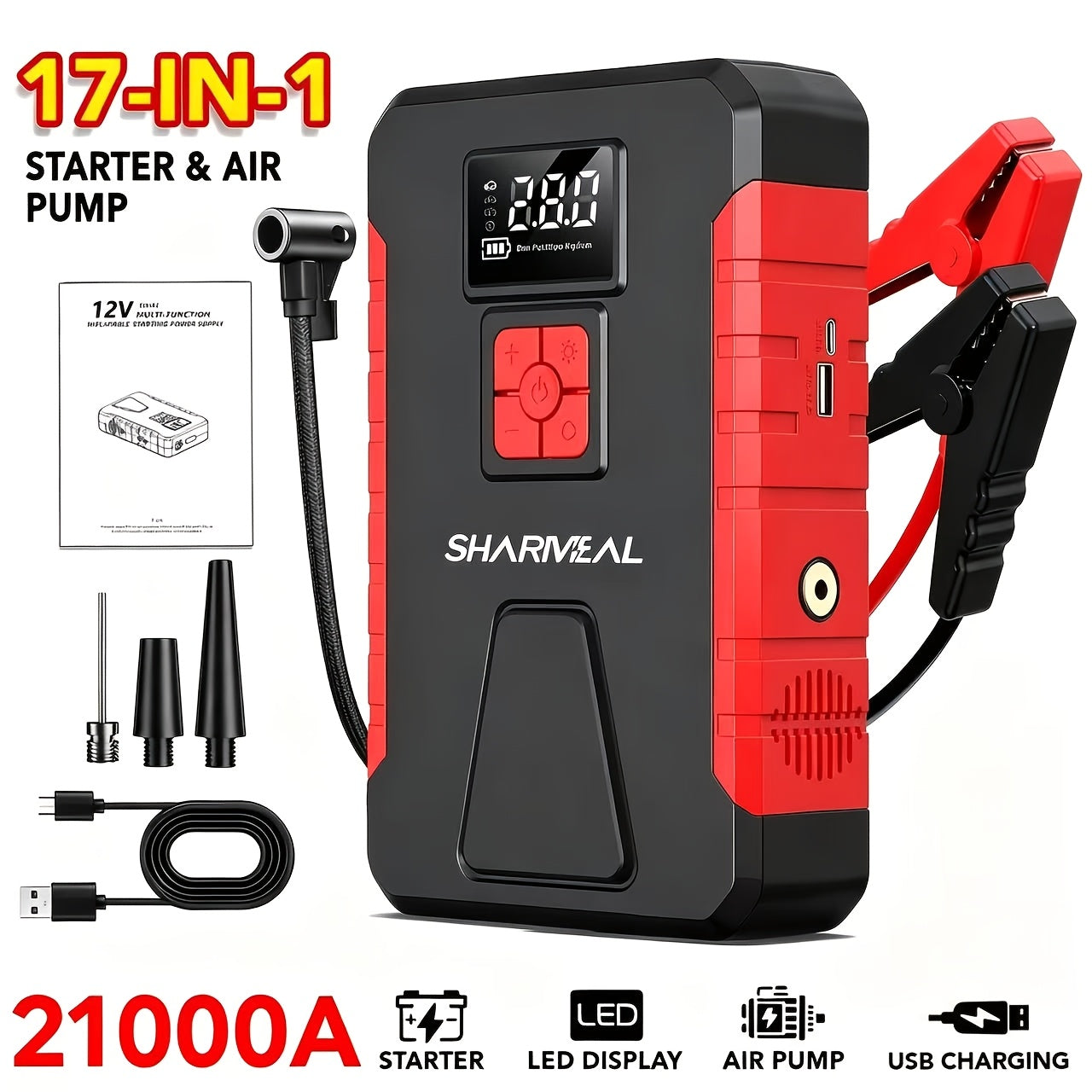 15000A-21000A Peak 350PSI 12V 17-in-1 Portable Jump Starter with Air Compressor Jump Starter, Car Battery Charger, Car Jump Starter with Air Compressor, Jump Starter Para, Car Accessories Tools, LED Light, Battery Charger, Cart Battery Charger