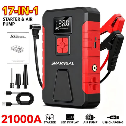 15000A-21000A Peak 350PSI 12V 17-in-1 Portable Jump Starter with Air Compressor Jump Starter, Car Battery Charger, Car Jump Starter with Air Compressor, Jump Starter Para, Car Accessories Tools, LED Light, Battery Charger, Cart Battery Charger