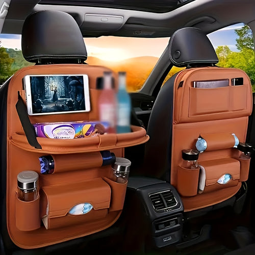 2pcs Upgrade Your Car Rides with This All-in-One Back Seat Organizer - Includes Foldable Table Tray, Kick Mats, Tissue Box, Cup Holder, Umbrella Holder, Laptop Table & Car Eating Tray