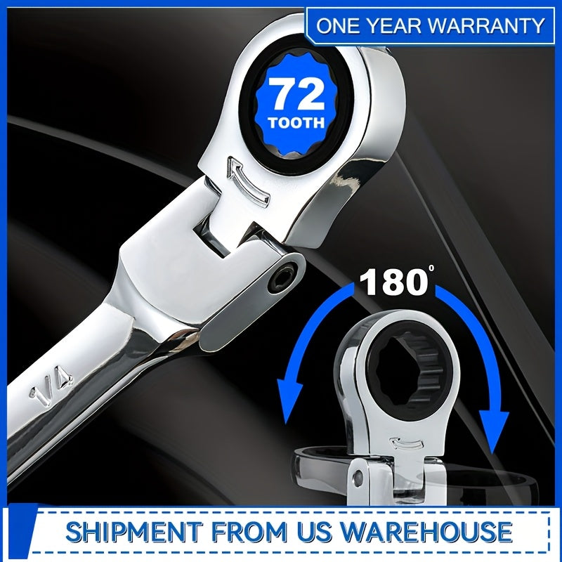 Professional 14-PCS SAE Flex Head Ratcheting Wrench Set - 1/4" To 7/8" Chrome Vanadium Steel With Organizer Rack - For Automotive & Mechanical Repair