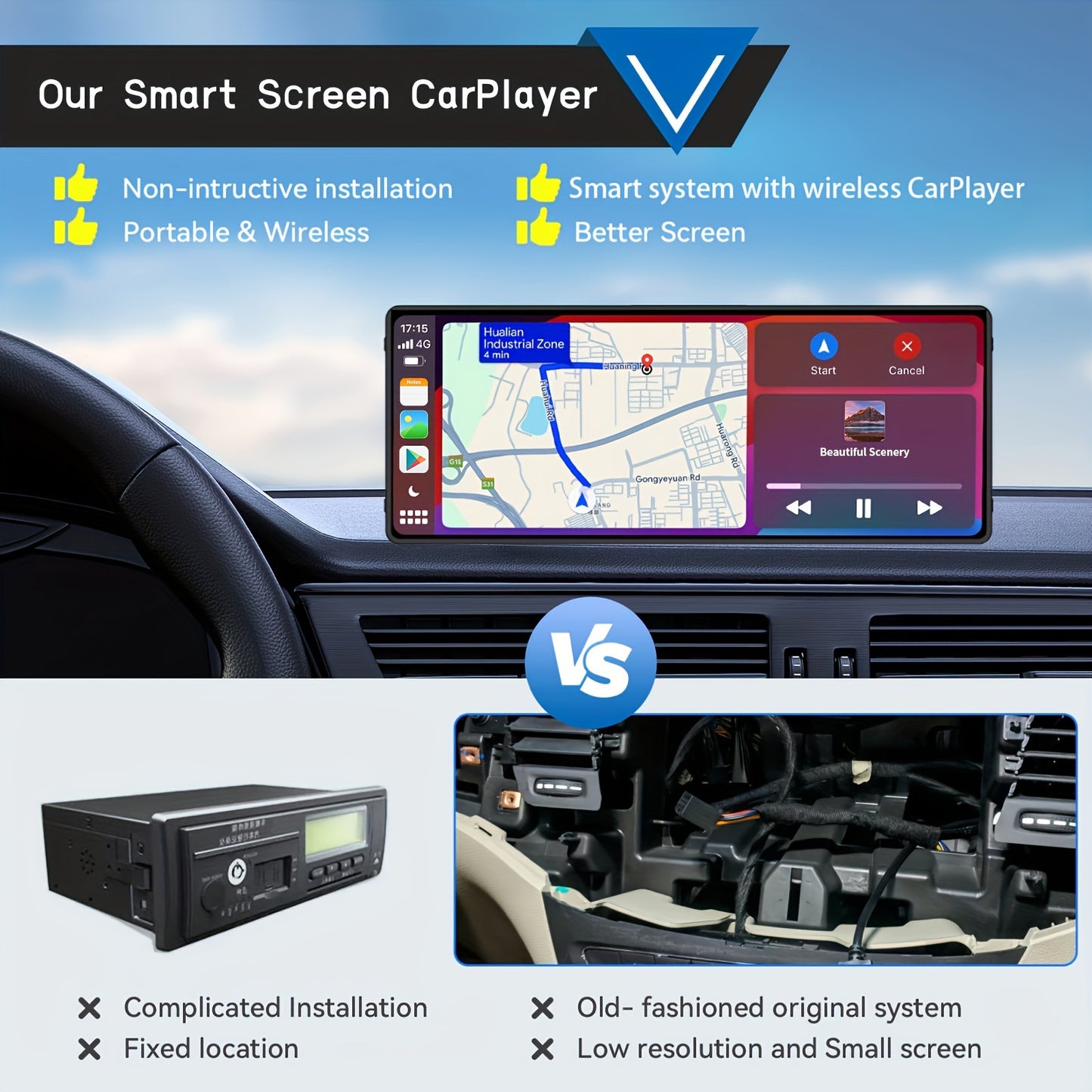 Portable Wireless Carplay Car Stereo, 10.26" Inch HD Touchscreen For Car With CarPlay & Android Auto With Mirror Link/Backup Camera/Siri/Wireless/Navigation/AUX For All Vehicles