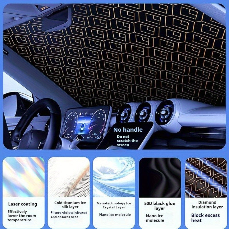 Upgraded Laser Insulation Car Sunshade Thickened 5-Layer Front Windshield Heat Blocker with Diamond Pattern, Fits All Vehicles, Golden/Black Design for Stylish Sun Protection, Vehicle Heat Shield | Stylish Car Accessory | Premium Quality Material