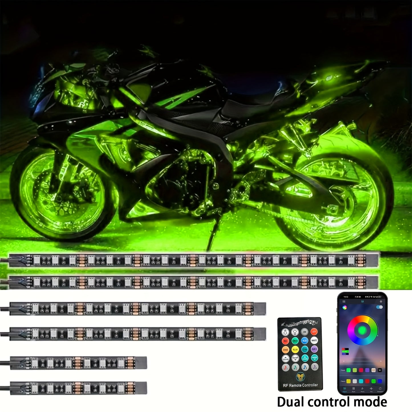 The RGB Motorcycle Light Strip Features Six Installation Points, Operates on 12V, And Includes a Mobile App And Sound Effects, Making It a 6-In-1 Decorative Atmosphere Light for Motorcycles, Without Battery
