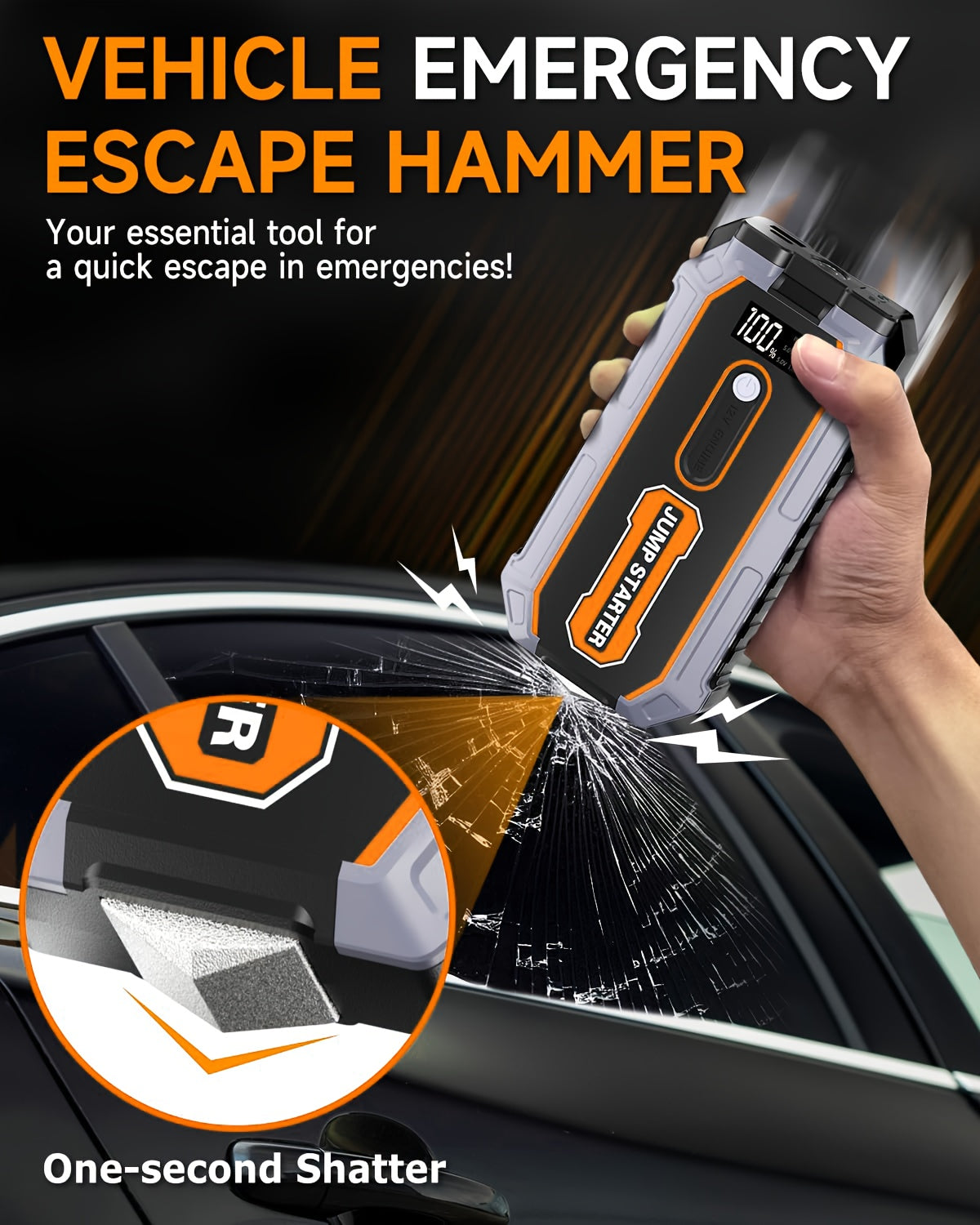 6000A Peak All-in-One Heavy-Duty Jump Starter with USB Ports & LED Flashlight - 12V Lithium-Ion Fast-Charging Portable Power Bank, Compact & Portable with Safety Hammer, 12V for Cars, SUVs, Trucks, Motorcycles, Boats, RVs, ATVs, Emergency Use