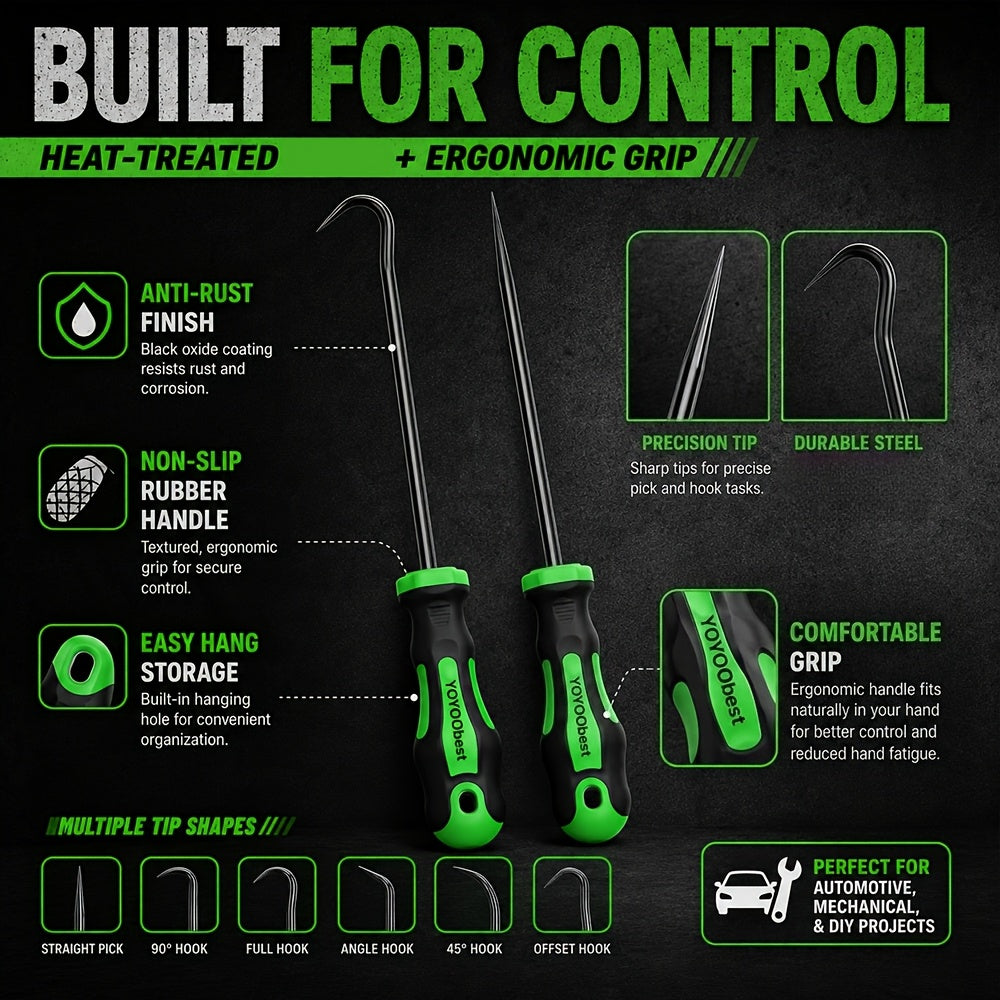 [Heavy-Duty Pick Set] 12pcs Heavy-Duty Pick and Hook Tool Set with Long & Mini Hooks, O-Ring Seal Gasket Puller, Oil Seal Removal Tool, Car, Truck, RV, Boat