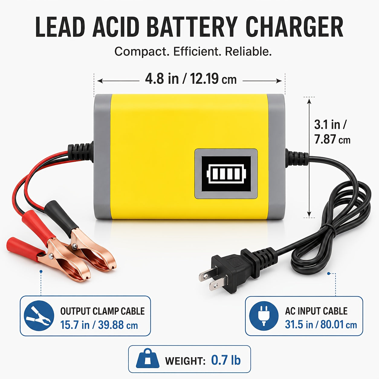12V Intelligent Car Battery Charger - Intelligent Trickle Maintainer And Desulfurizer - Advanced Temperature Compensation Motorcycle Battery Charger for All 2Ah-100Ah Batteries, Car, Truck, Lawn Mower Battery Charger