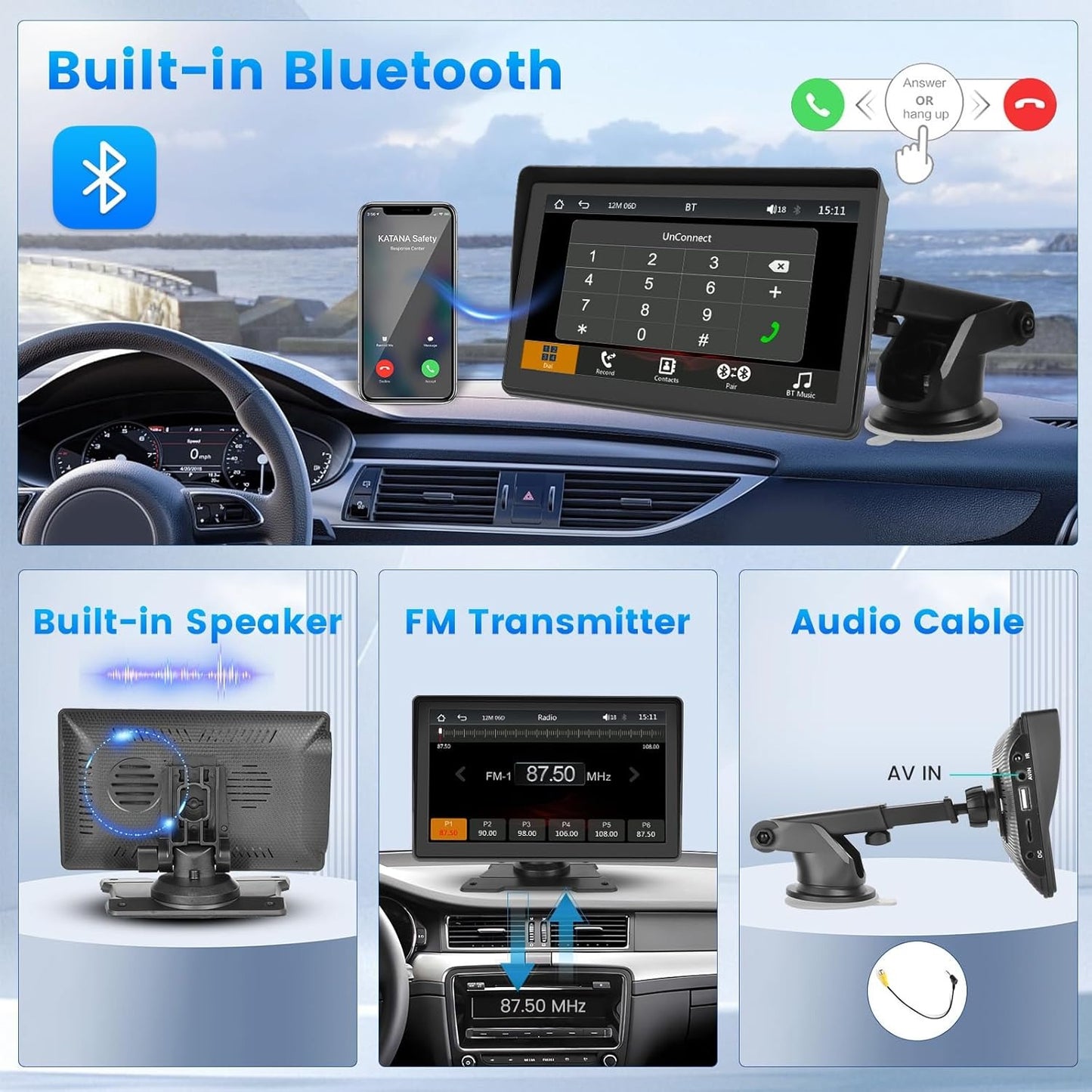 2026 New 7-inch Car Display With Built-in Audio System, Ultra HD Touchscreen, Backup Camera, Wireless Connectivity, GPS Navigation, Supports CarPlay And Android Auto, Mirror Link, FM Radio. Opional 10.26" 9" Carplay Wireless Car