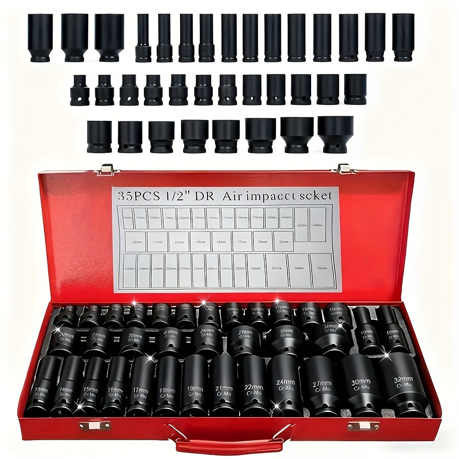 BOURVILL 35/15/10pcs 1/2" Drive Deep Impact Socket Set for Axle Hub Nut, Featuring 6-Point Metric Sizes from 8-32Mm, Made of Cr-Mo Steel, Designed for Heavy-Duty Vehicle Repair And Maintenance