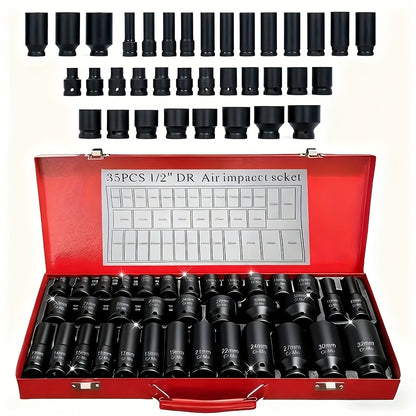 BOURVILL 35/15/10pcs 1/2" Drive Deep Impact Socket Set for Axle Hub Nut, Featuring 6-Point Metric Sizes from 8-32Mm, Made of Cr-Mo Steel, Designed for Heavy-Duty Vehicle Repair And Maintenance