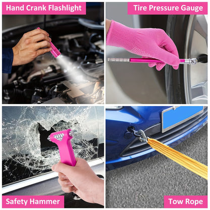 Pink Car Roadside Emergency Kit Assistance Emergency Kit with Jumper Cables Auto Tool Set Deer Whistles Winter Car Safety Roadside Assist Kit, Without Battery