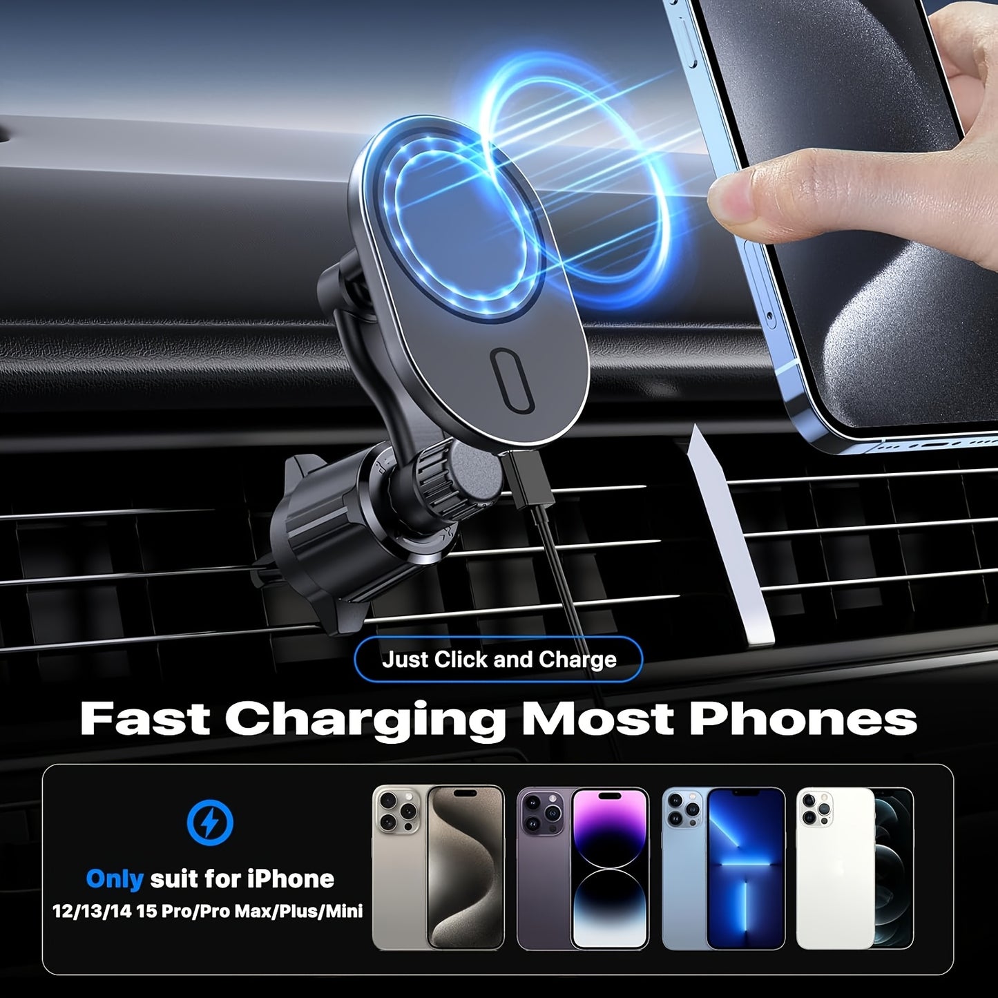 Miracase Car Phone Mount Charger [15W Fast Charging] Magnetic Wireless Car Charger, [360° Rotation] Car Phone Holder Mount, Air Vent Car Phone Charger Solely Fit for Iphone 16/15/14/13/12 Series, Christmas Gifts, Christmas Big !