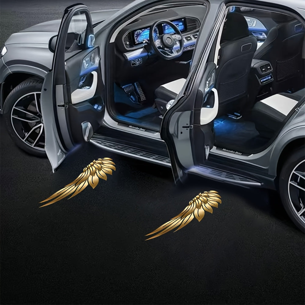 4pcs Yellow Angel Wings Car Door Welcome LED Projector - Vivid LED Lights for Cars, Bicycles, Etc., Battery Powered, Easy to Install, Car Decorative Lights | Decorative Angel Wings Head Door Sign Light, Without Battery