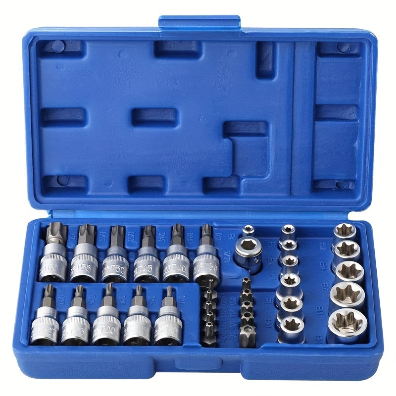 Set of 34 Torx Bit Sockets And E-Torx Sockets for 1/4", 3/8", And 1/2" Drives, Including Both Male And Female E-Torx Security Bits, Designed for Handheld Use