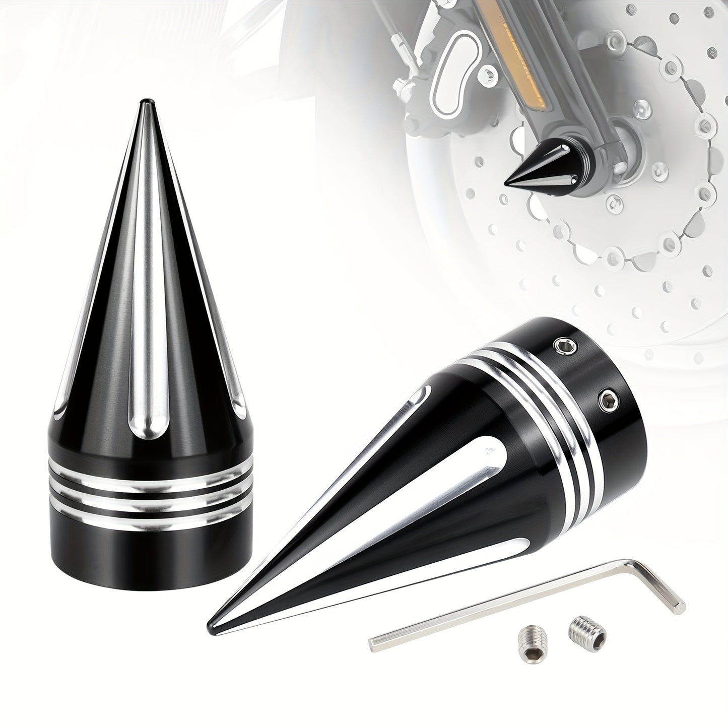 A Pair Of Motorcycle Front Axle Bolt Nut Covers Caps 3. 6" CNC Spike Axle Nut Covers Caps, Fits for Harley Touring, Fits for Street Glide, Fits for Road King, Fits for Electra Glide, Fits for Tri Glide 2008-later
