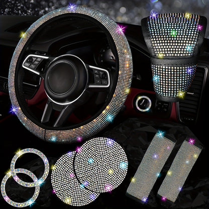 Set of 8 Sparkly Car Additions for Women, Including a Glittery Steering Wheel Cover, Shiny Car Coasters, Belt Shoulder Pads, Ring Emblem Sticker, And Gear Shift Cover