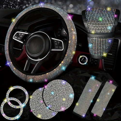 Set of 8 Sparkly Car Additions for Women, Including a Glittery Steering Wheel Cover, Shiny Car Coasters, Belt Shoulder Pads, Ring Emblem Sticker, And Gear Shift Cover