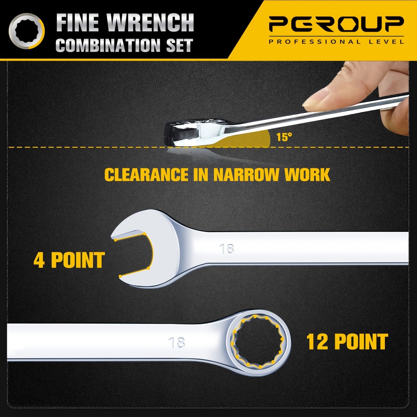 32pcs SAE & Metric Combo Wrench Set (20 Long & 12 Short-Reach Wrenches), 14pcss Premium Metric (6 - 19mm) & 14pcss SAE (1/4" - 15/16") Combo Wrenches With Open & 12-Point Box Ends, CR-V Steel, Mirror Chrome Polished