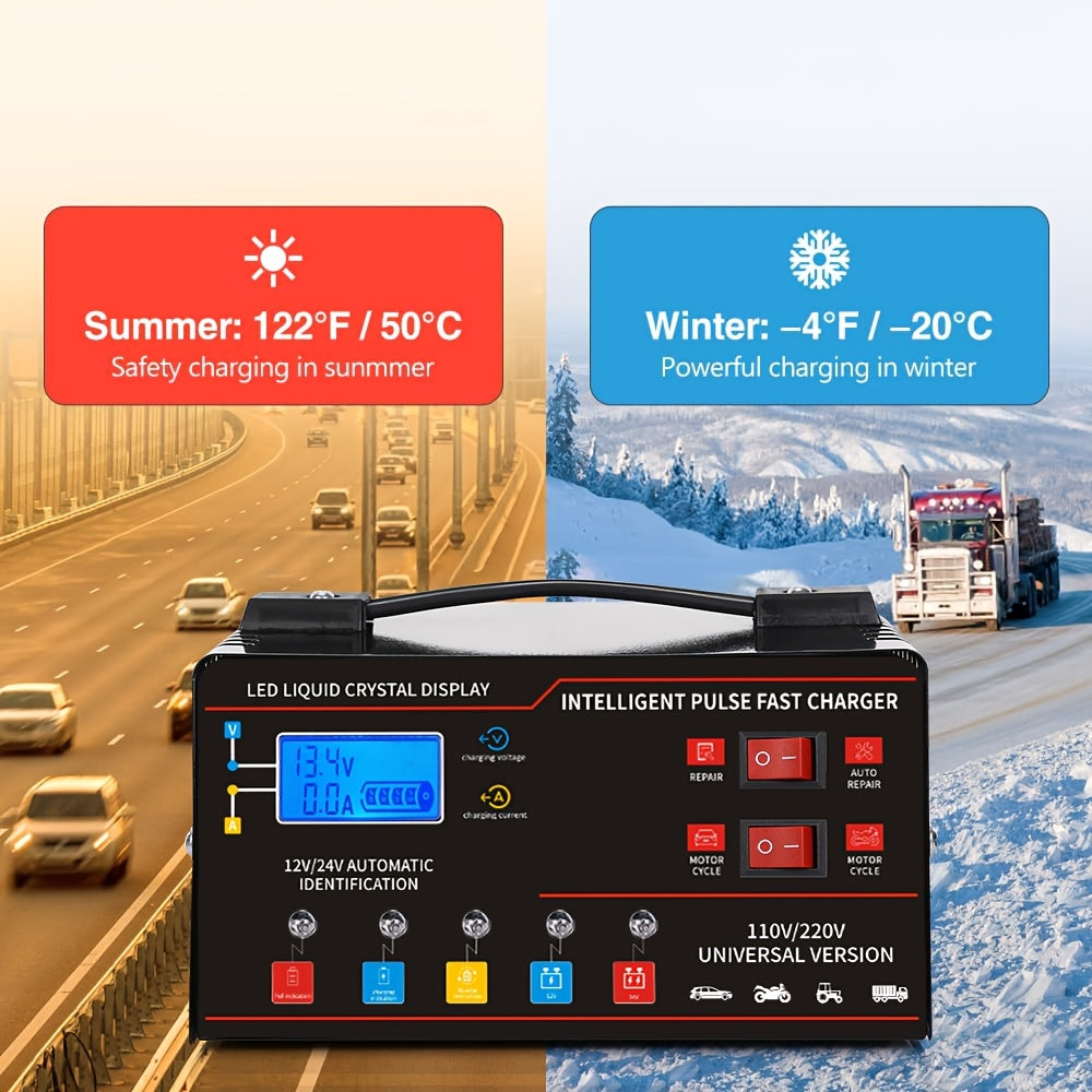 New Styles 12V 24V for smart Universal Battery Charger, LCD Screen, Pulse Repair Function, And Temperature Regulation Designed for Smart Trickle Charging Maintenance of Car, Truck, Harvester, Lawn Mower, Boat, And Motorcycle, Lead Acid Batteries