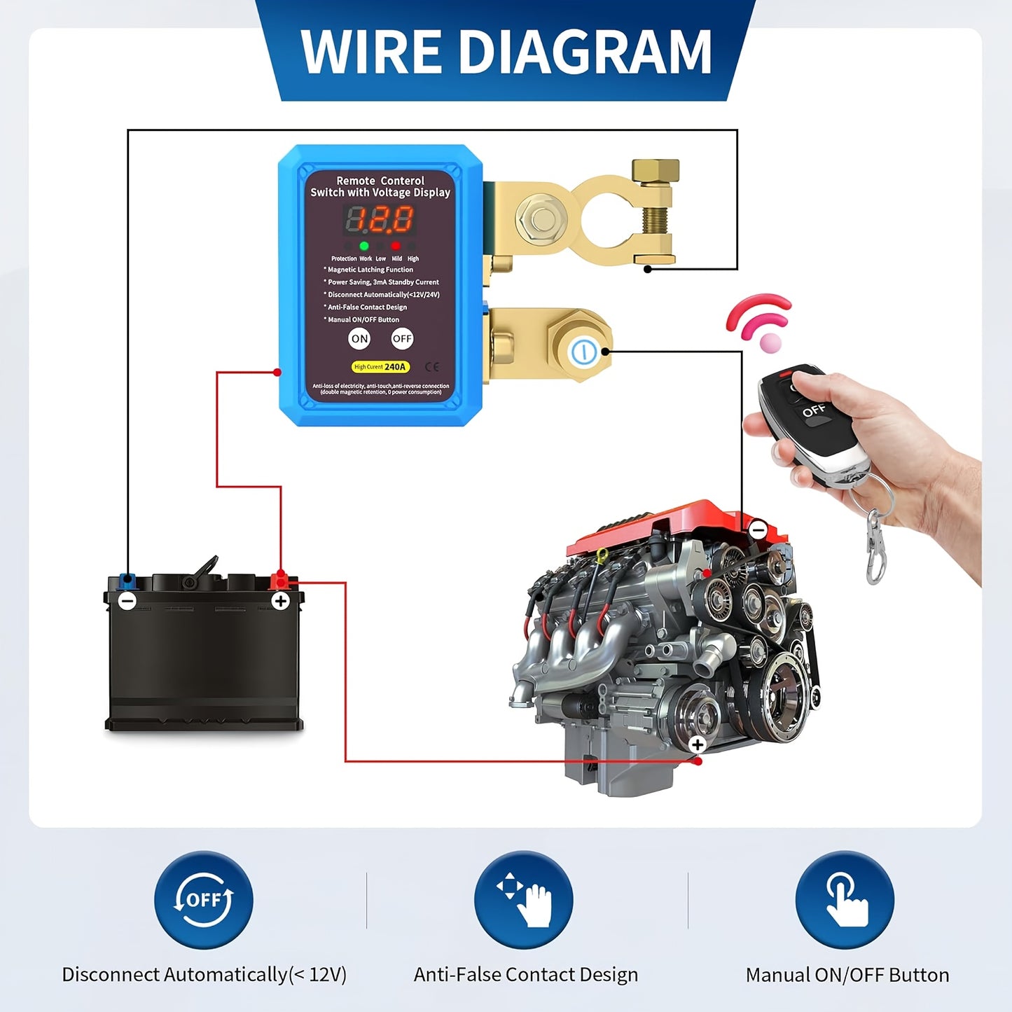 12V 240A Remote Battery Disconnect Switch with Two Remote Controllers, Upgraded Smart Voltage Vehicle Power Cut-Off Switch Featuring Magnetic Lock Design, Anti-Theft and Anti-Misoperation Functions to Prevent Battery Drain, Suitable for Horizontal