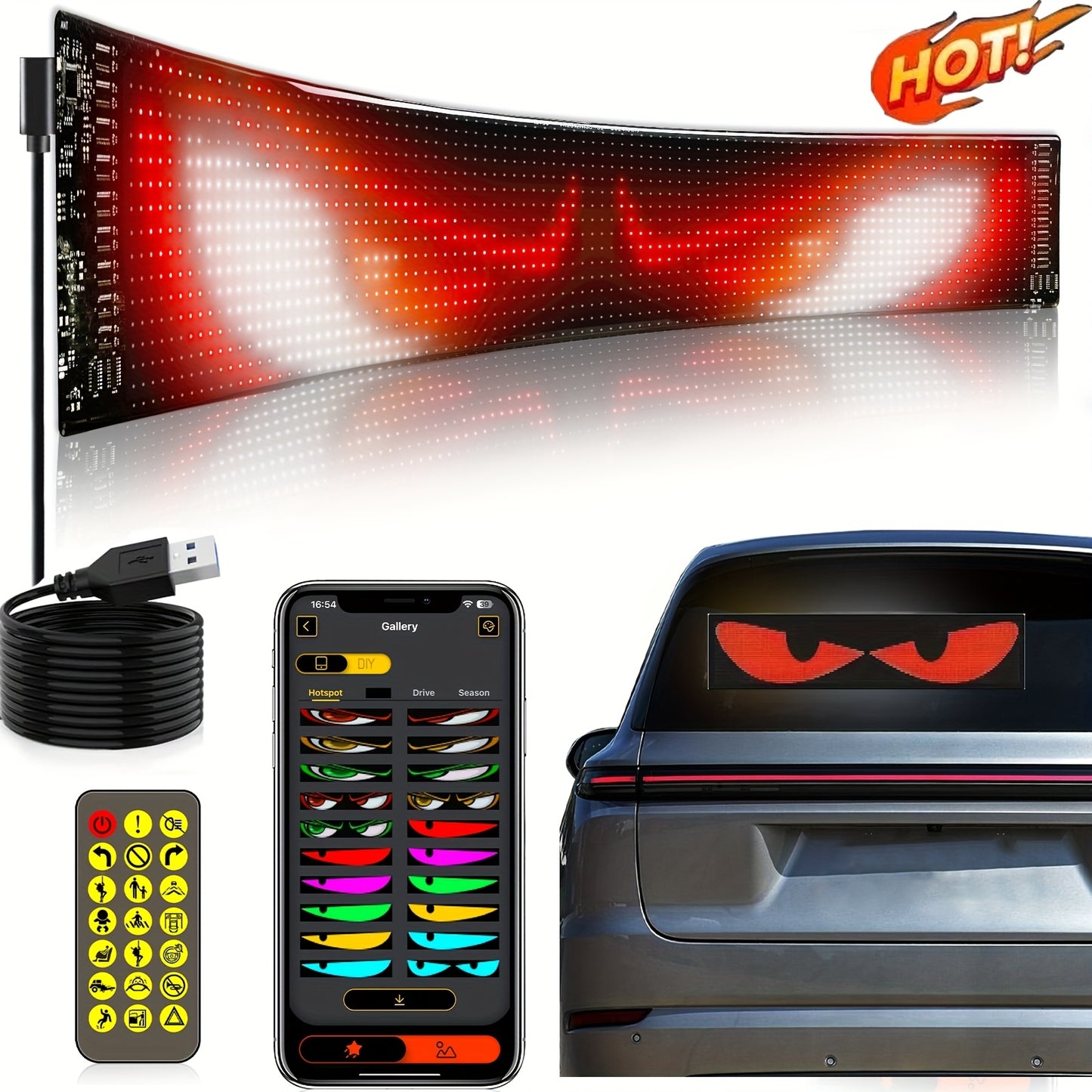 Summer Deal-Scrolling LED Car Sign, Programmable LED Sign with APP Control And Remote, USB Powered DIY Text Animation Graffiti Pattern, Rolling Devil's Eye for Trucks SUVs Store Hotel Bar.
