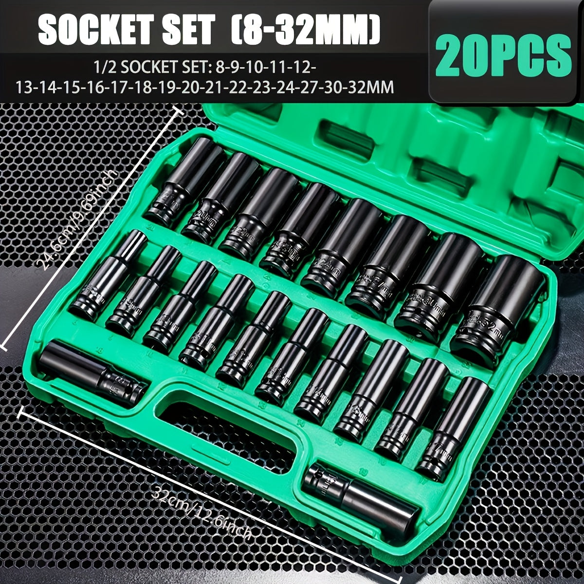 1/2-Inch Deep Impact Socket Set with Sturdy Green Storage Case, Pneumatic& Electric Drill Compatible, Ideal for Tire Removal, Mechanical Repair& Auto Maintenance