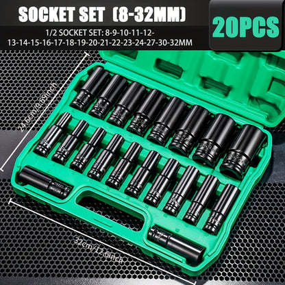 1/2-Inch Deep Impact Socket Set with Sturdy Green Storage Case, Pneumatic& Electric Drill Compatible, Ideal for Tire Removal, Mechanical Repair& Auto Maintenance