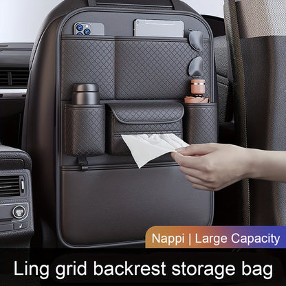 1pc High Quality Black Car Seat Back Organizer - Large Capacity PU Leather Storage Bag for Water Bottles, Tablets, Laptops And Accessories, Stylish Multi Compartment Backseat Organizer for Easy Car Storage