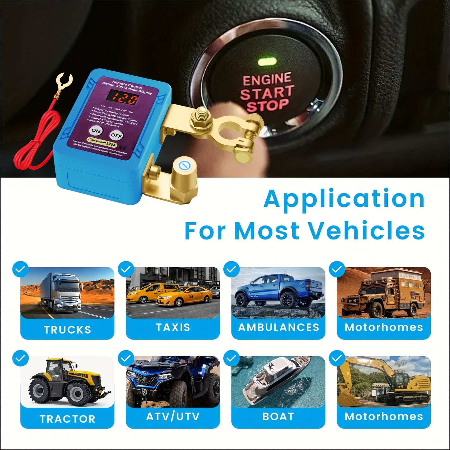 Remote Battery Disconnect Switch 12V, 240A, with LED Voltage Display, Upgrade Smart Voltage Car Kill Switch Anti-Theft, Prevent Battery Drain, Remote Battery Kill Switch for Car, Truck, RV(The Main Body Has No Wireless Function)