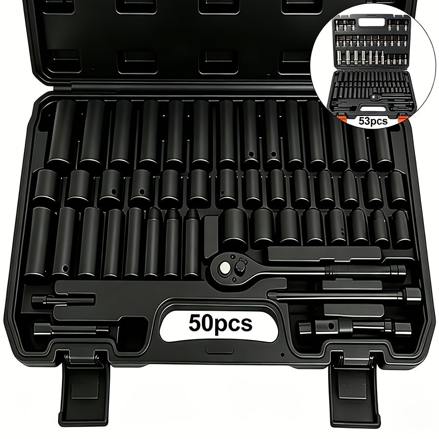 [Impact Socket Set] 50/53pcss Impact Socket Set - 3/8-Inch Drive, Including Common Metric Sizes (8-22 Mm) And Imperial Sizes (5/16-3/4 Inch), Made of CR-V Steel. The 53pcss Set Includes 24-Tooth 1/4-Inch Metric Sockets, Ideal for Enthusiasts And Machinist