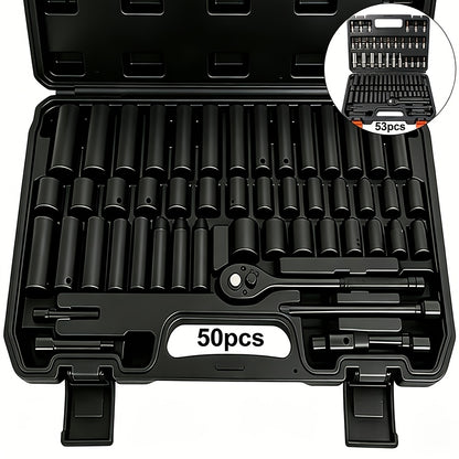 [Impact Socket Set] 50/53pcss Impact Socket Set - 3/8-Inch Drive, Including Common Metric Sizes (8-22 Mm) And Imperial Sizes (5/16-3/4 Inch), Made of CR-V Steel. The 53pcss Set Includes 24-Tooth 1/4-Inch Metric Sockets, Ideal for Enthusiasts And Machinist