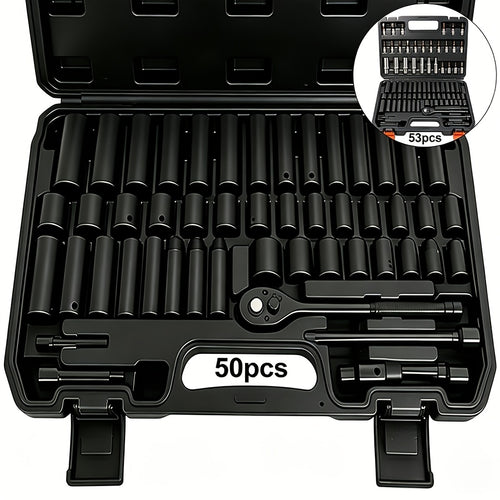[Impact Socket Set] 50/53pcss Impact Socket Set - 3/8-Inch Drive, Including Common Metric Sizes (8-22 Mm) And Imperial Sizes (5/16-3/4 Inch), Made of CR-V Steel. The 53pcss Set Includes 24-Tooth 1/4-Inch Metric Sockets, Ideal for Enthusiasts And Machinist