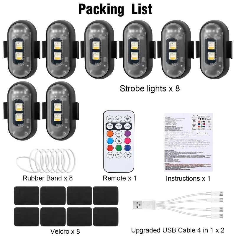 4/6 Pack Car Lights with Remote Control, Strobe Light 8 Colors USB Charging IP65 Waterproof Anti-Collision Warning Light for Car Interior Truck Motorcycle Drone Aircraft Bicycle
