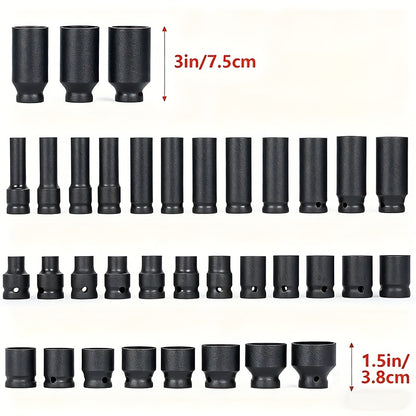BOURVILL 35/15/10pcs 1/2" Drive Deep Impact Socket Set for Axle Hub Nut, Featuring 6-Point Metric Sizes from 8-32Mm, Made of Cr-Mo Steel, Designed for Heavy-Duty Vehicle Repair And Maintenance