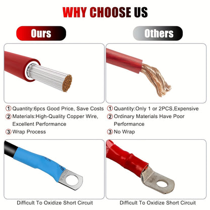 6pcs 12inch Battery Cables, 6AWG Battery Inverter Cables Set, with 5/16" Tinned Copper Lugs, for Cars, Trucks, Boats, Solar