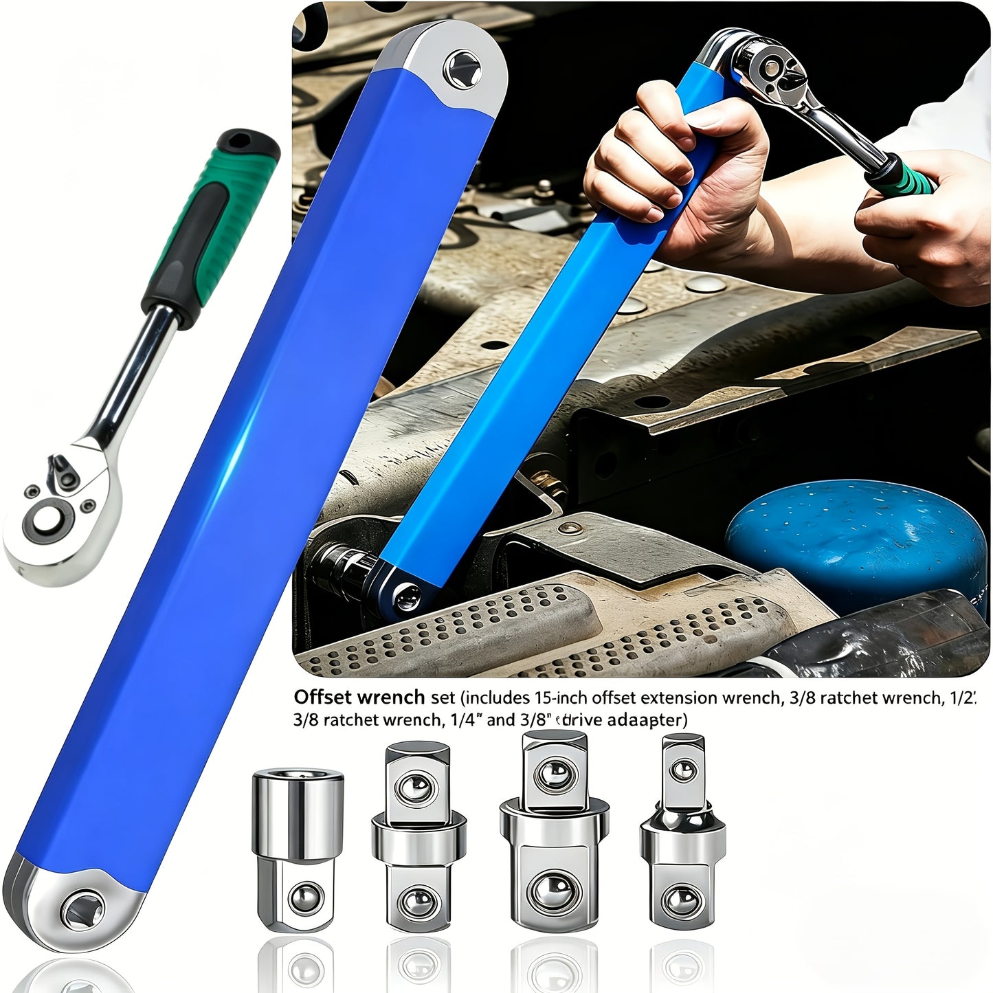 Professional Zero Offset Extension Wrench Set With 3/8 Ratchet Wrench, 15 Inch Impact Ready Ratchet Wrench With 1/2", 1/4" & 3/8" Square Drive Adapters, Universal Repair Tool For Narrow Spaces & Auto Maintenance