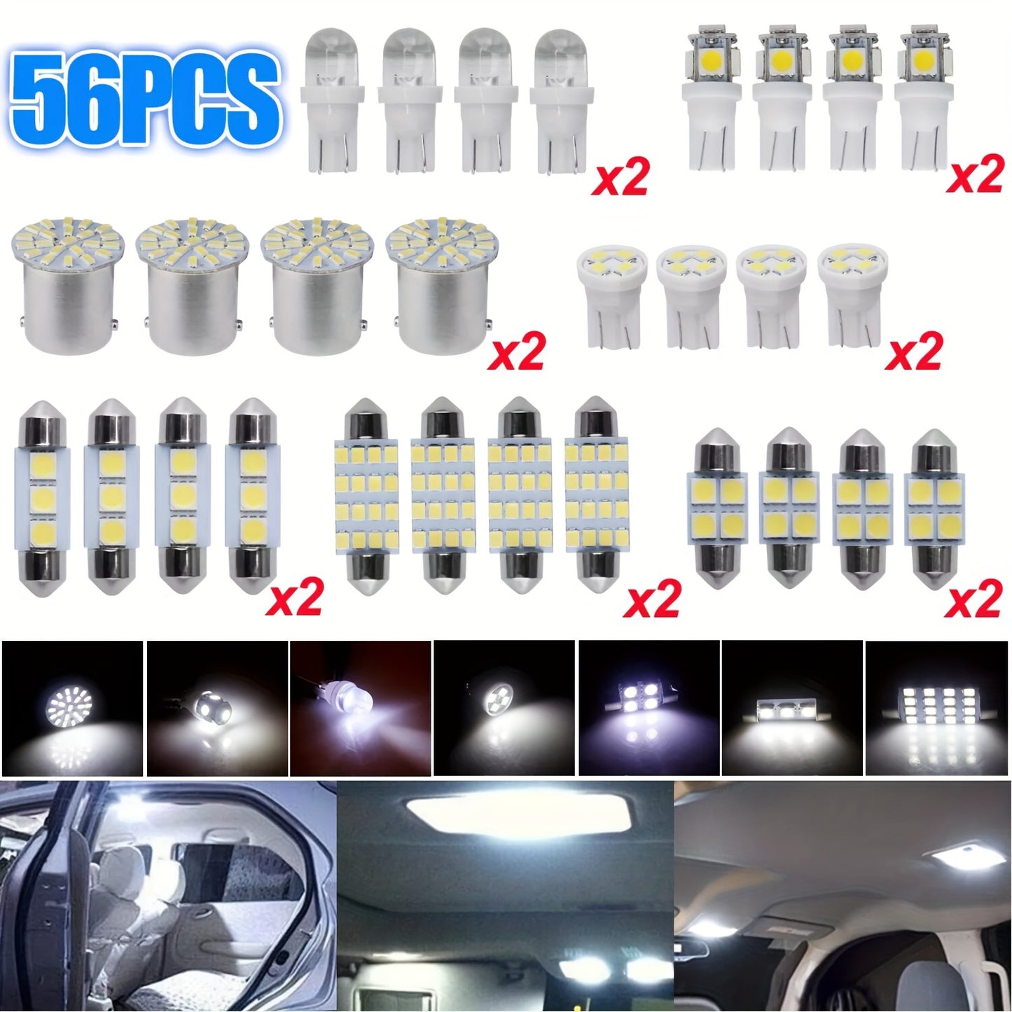 56pcs Car LED Light Replacement Bulb 12V-T10 Width Indicator Dual Pointed Reading Light for Car Dome Map Door Dash Instrument Courtesy License Plate Lights, White