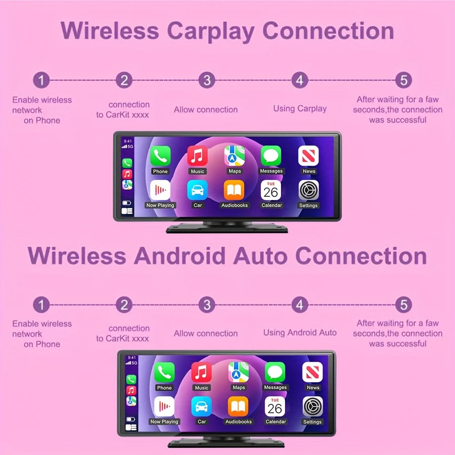 Introducing The Latest 10.26-Inch Wireless Car Display, Equipped with Integrated Car Audio, a Touchscreen Interface, a 720P HD Backup Camera, a Dashcam, Wireless Connectivity, GPS Navigation