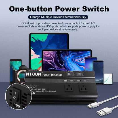 6600W Peak Power Inverter, Car Pure Sine Wave Inverter DC 12V to AC 110V LCD Digital Display, Compatible for Solar And Portable with USB Ports, US Sockets, Fast Charging for Vehicles Trucks Rvs And Other Vehicles