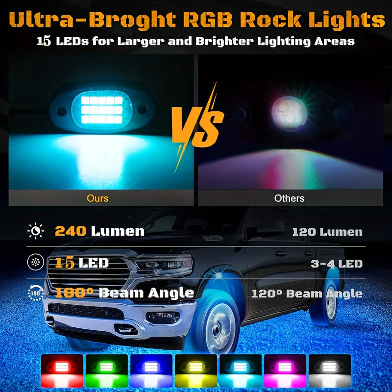 [LED Rock Lights] 8pcs And 4pcs - 15 LED/8 Pods Metal Alloy Upgraded LED Rock Lights, Suitable for Trucks, RGB LED Rock Lights with APP/Music Mode, Suitable for Jeeps, Trucks, UTVs, SUVs And Golf Carts, Neon Light Chassis Kits for Backlights, Car Accessor